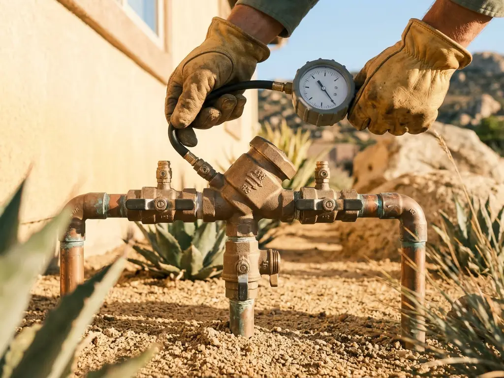 Gloved hands connecting a backflow test gauge to a bronze irrigation backflow assembly in El Cajon, CA