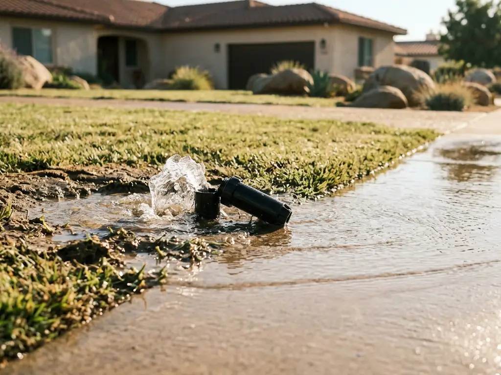 Water bubbling from a broken sprinkler riser and running across a sidewalk toward the gutter in El Cajon, CA