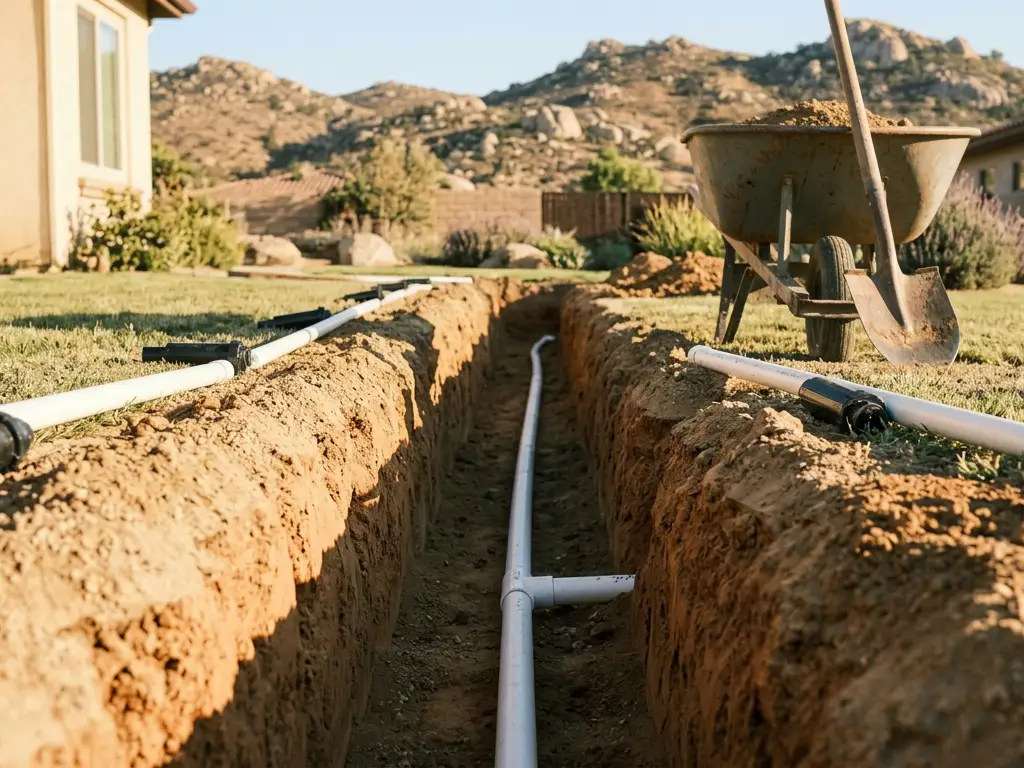 Open trench in sandy topsoil over clay with white PVC irrigation pipe in a back yard in El Cajon, CA
