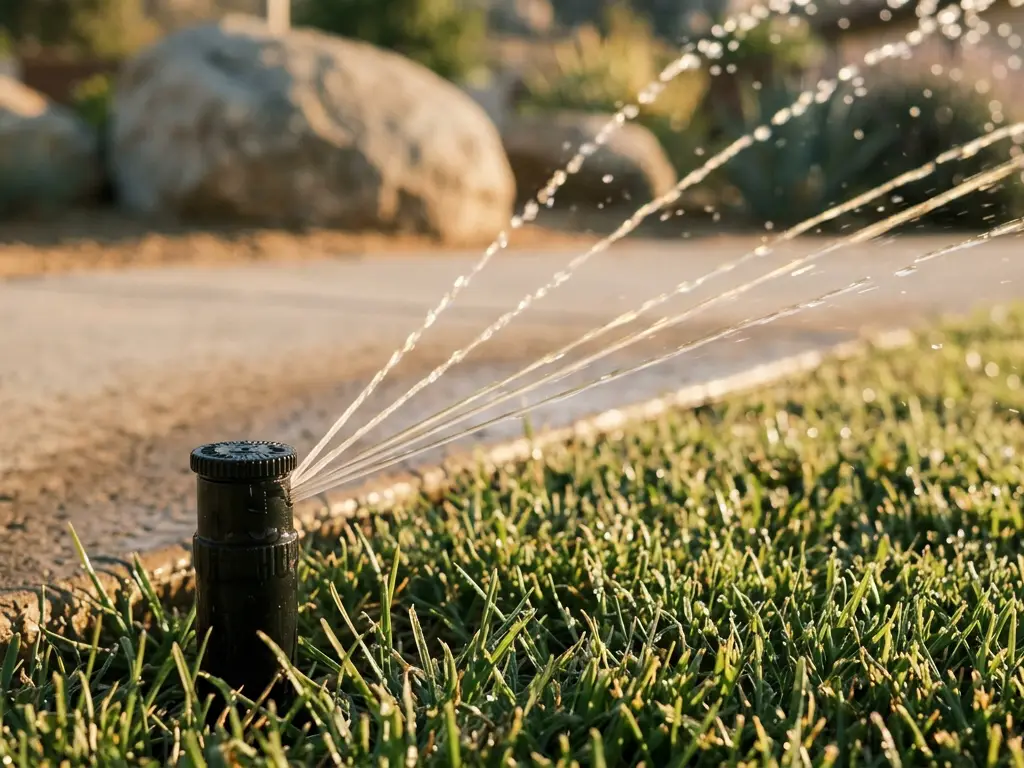 A rotating sprinkler nozzle watering a lawn in early morning light beside a walkway in El Cajon, CA