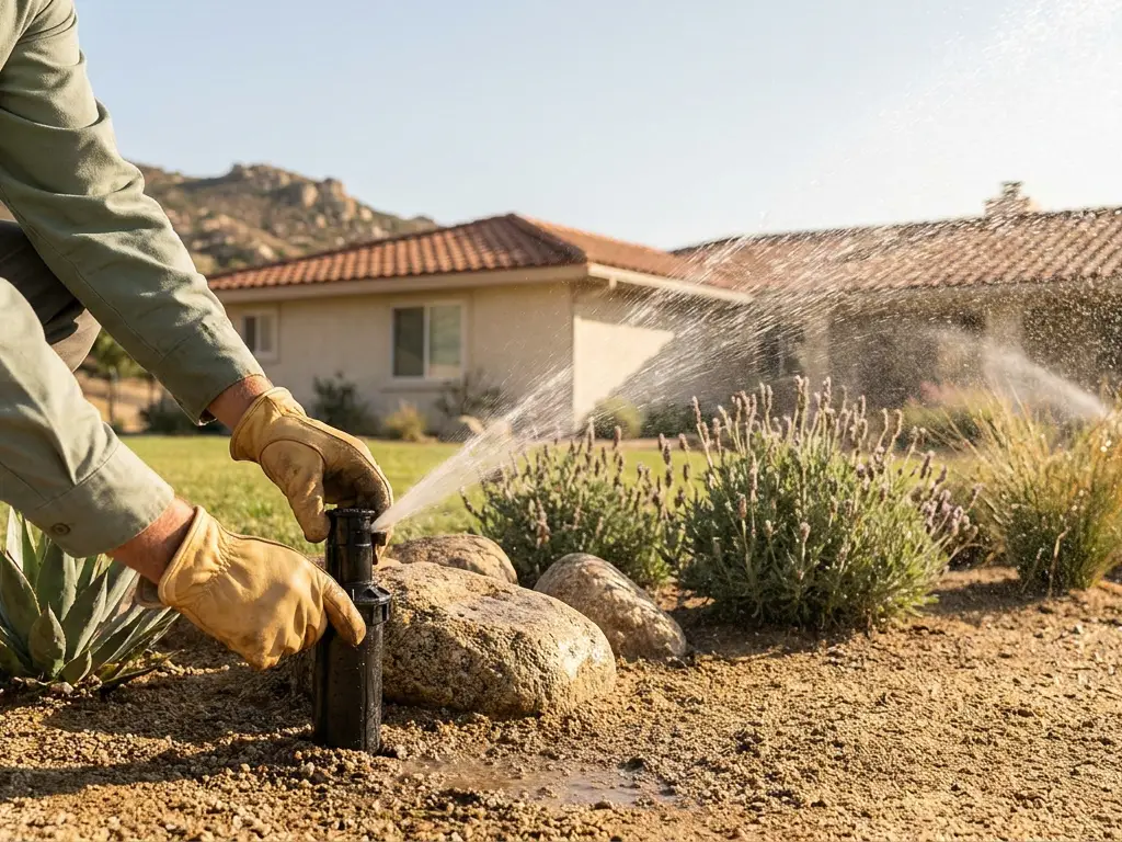 A pop-up sprinkler head watering a lavender and agave bed in decomposed granite beside a house in El Cajon, CA