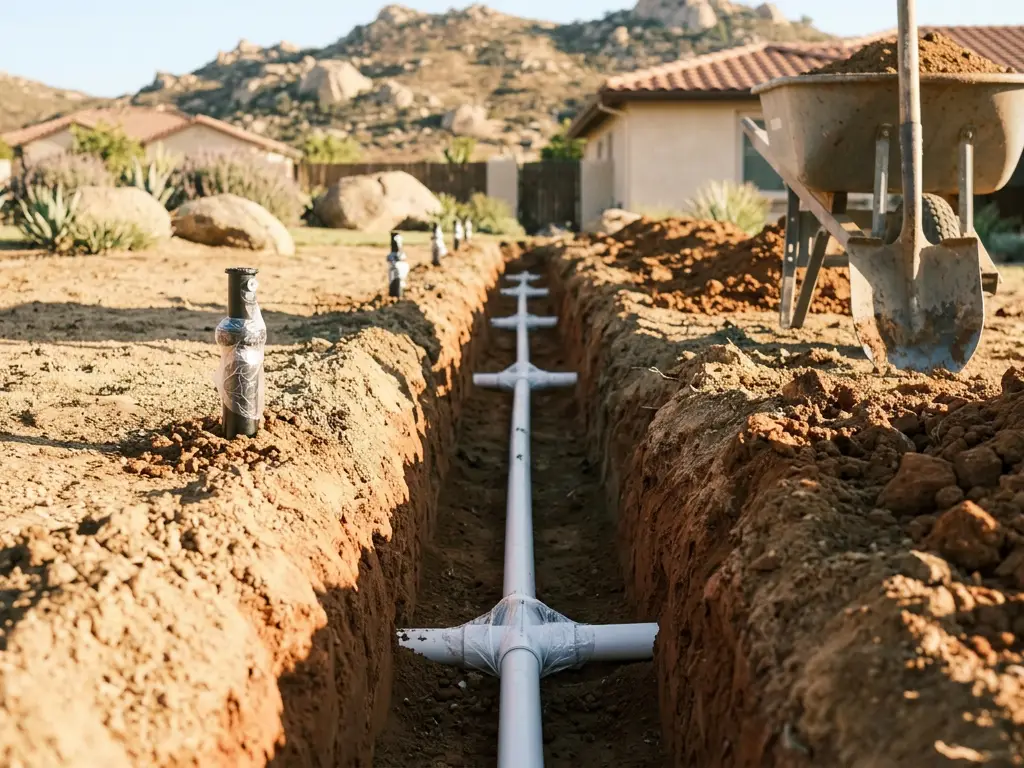 New white PVC sprinkler pipe and pop-up bodies laid in a trench across a back yard near El Cajon, CA